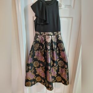 Black Floral Jacquard Midi Skirt Dress with Gold and Purple Accents
